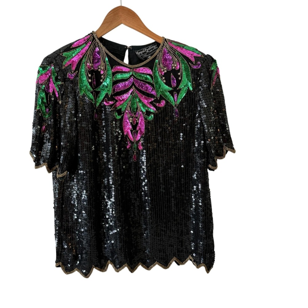 Royal Feelings Beaded Sequin Silk Top Womens M Black Floral Party Cocktail Glam